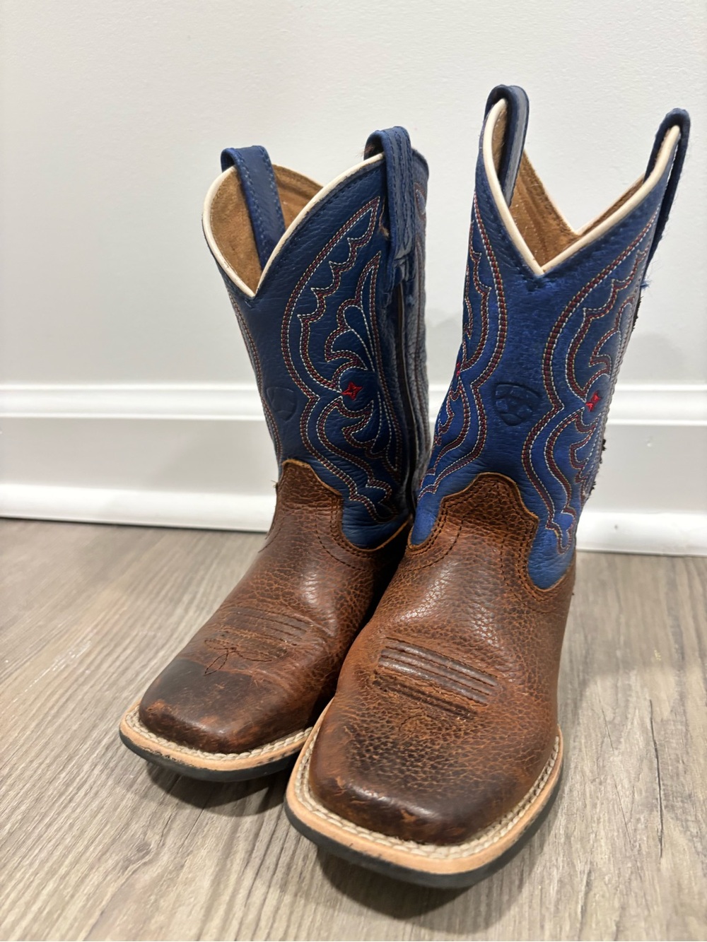 Ariat Youth Brown Leather Boots with Blue Embroidered Shaft